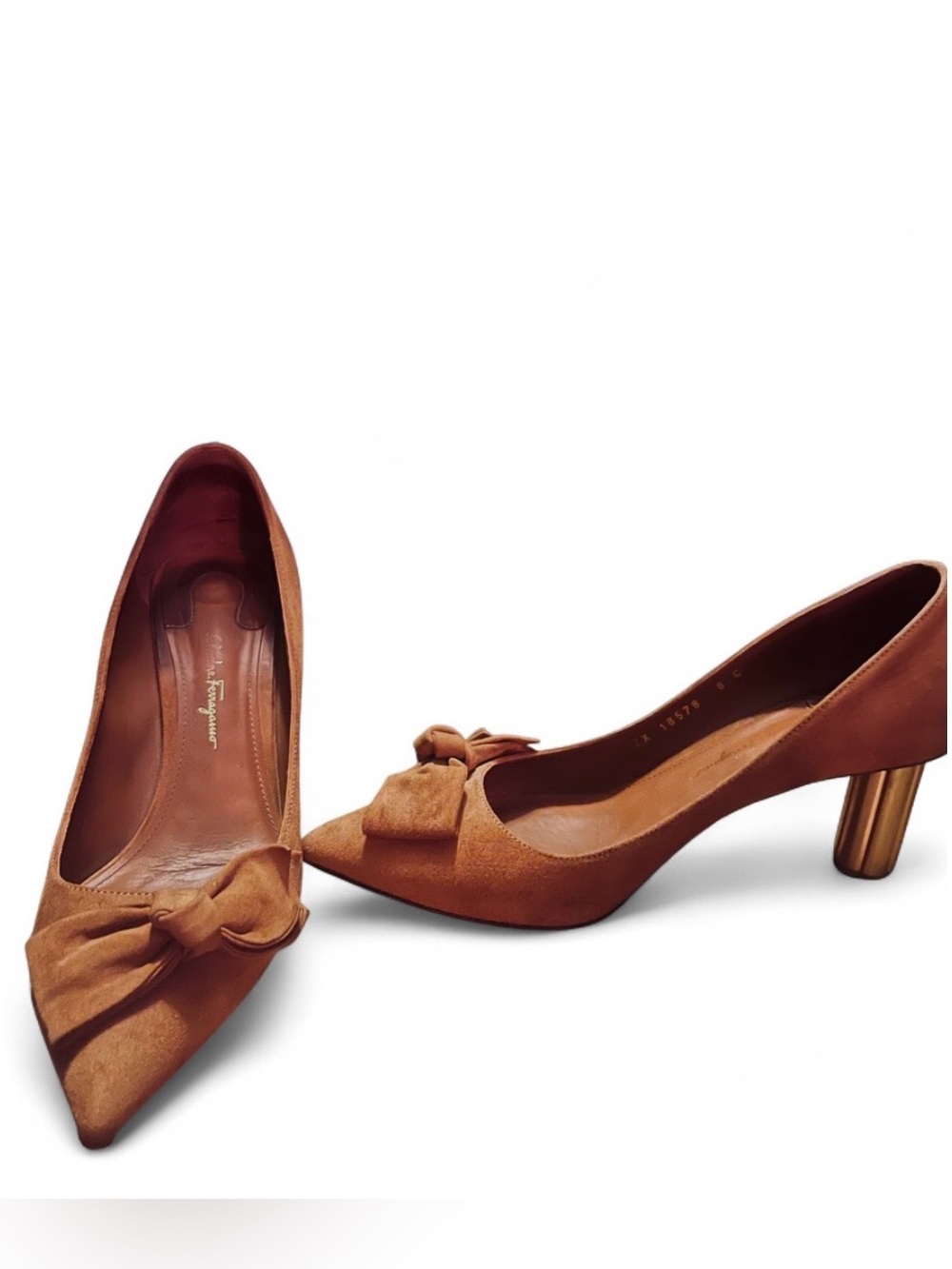 Vintage Salvatore Ferragamo Tan Suede Bow Pumps with Gold Heel